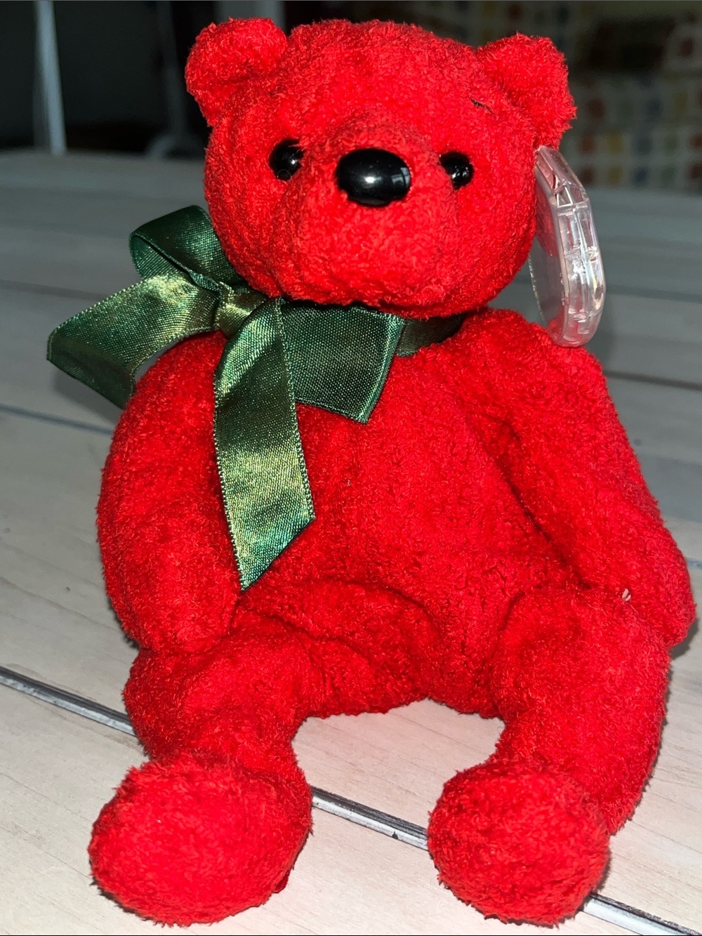 TY 2000 Mistletoe Beanie Baby -Red Plush Bear with Green Satin Bow